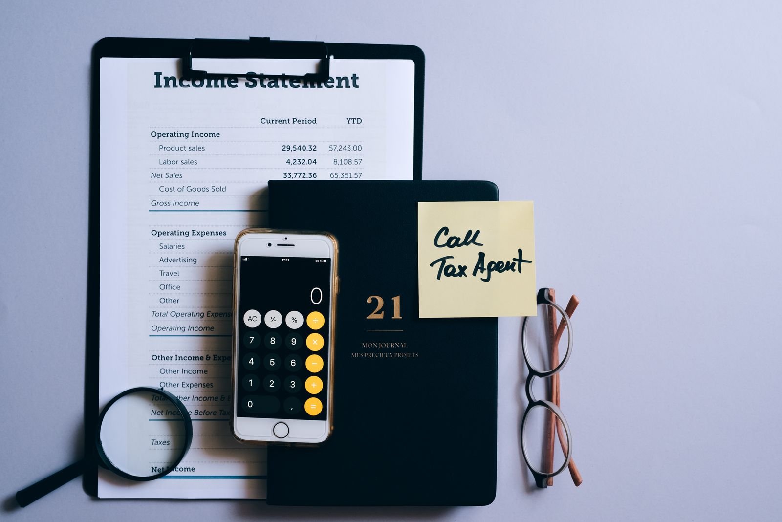 Income statement on a clipboard with a phone calculator, glasses and magnifying glass
