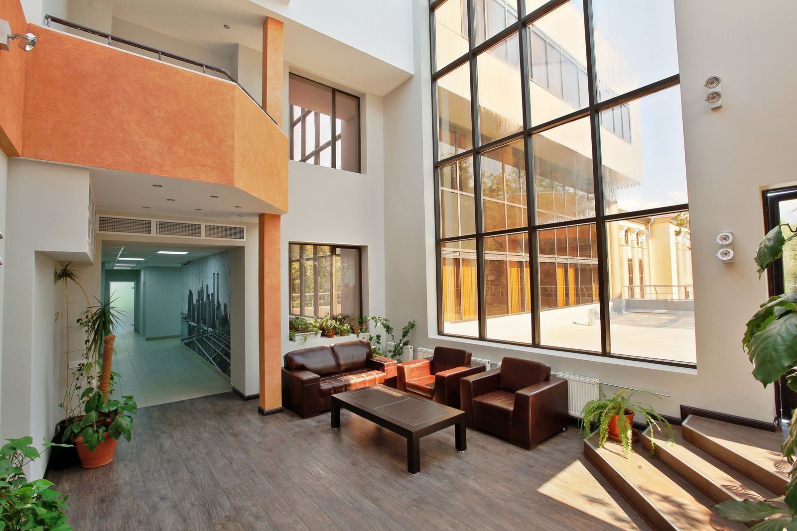 Bright office lobby with large windows, seating and plants